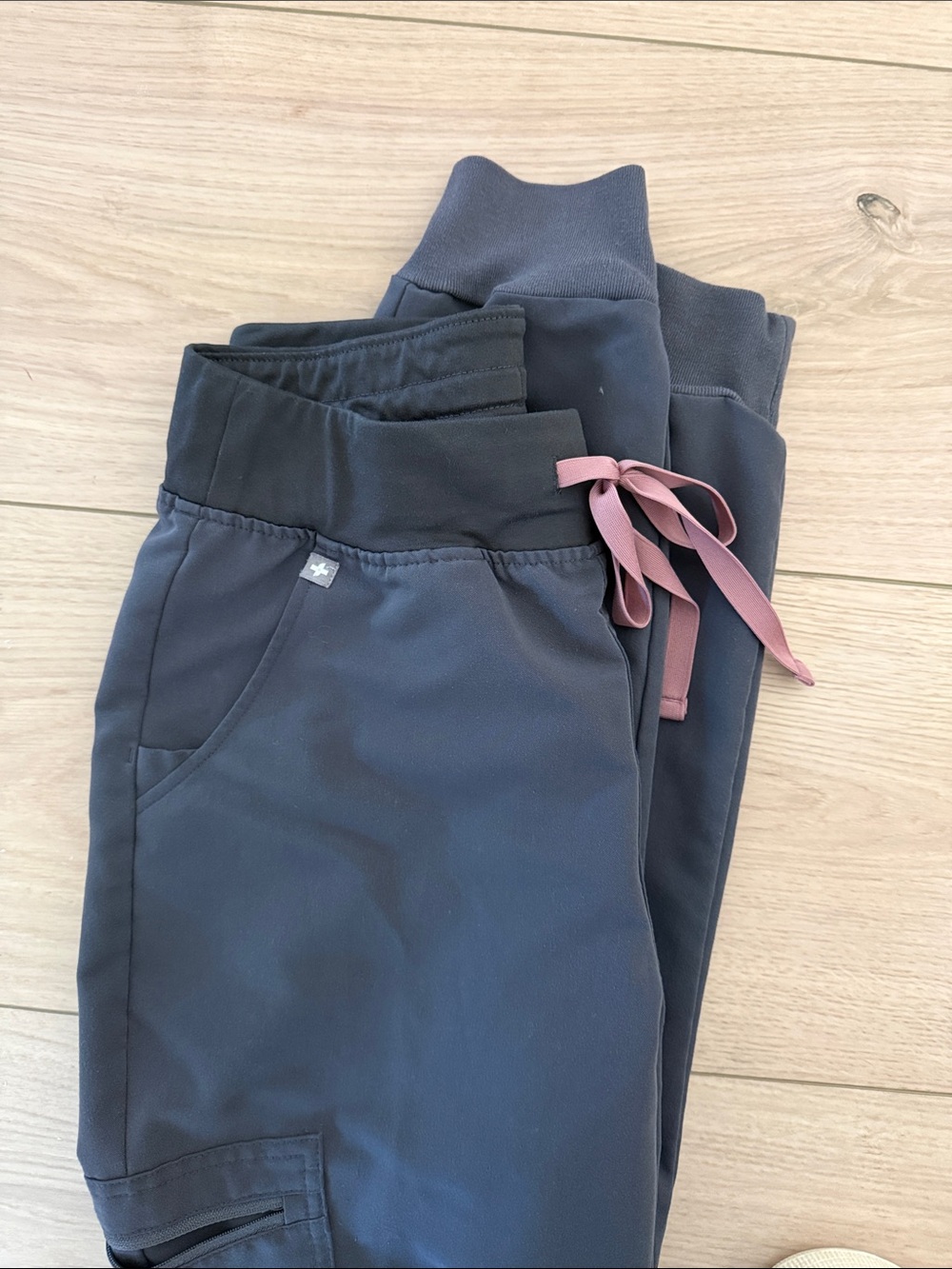 FIGS Dark Gray Scrub Top with Pink Tie Accent